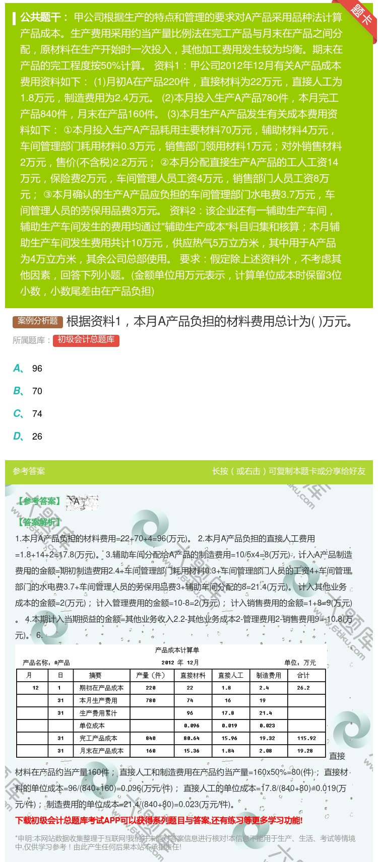 答案:根据资料1本月A产品负担的材料费用总计为万元...