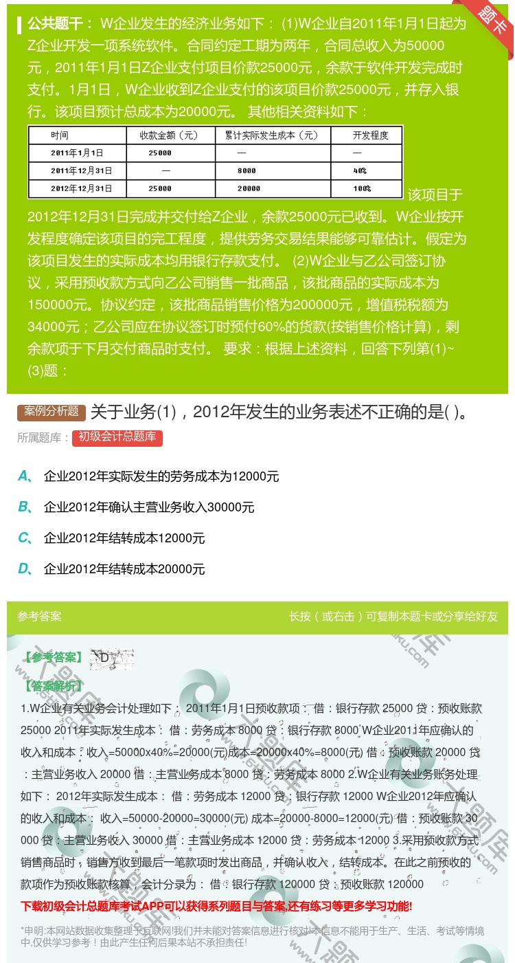 答案:关于业务12012年发生的业务表述不正确的是...