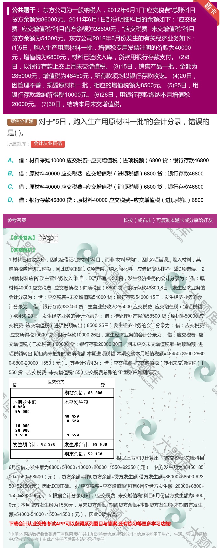 答案:对于5日购入生产用原材料一批的会计分录错误的是...