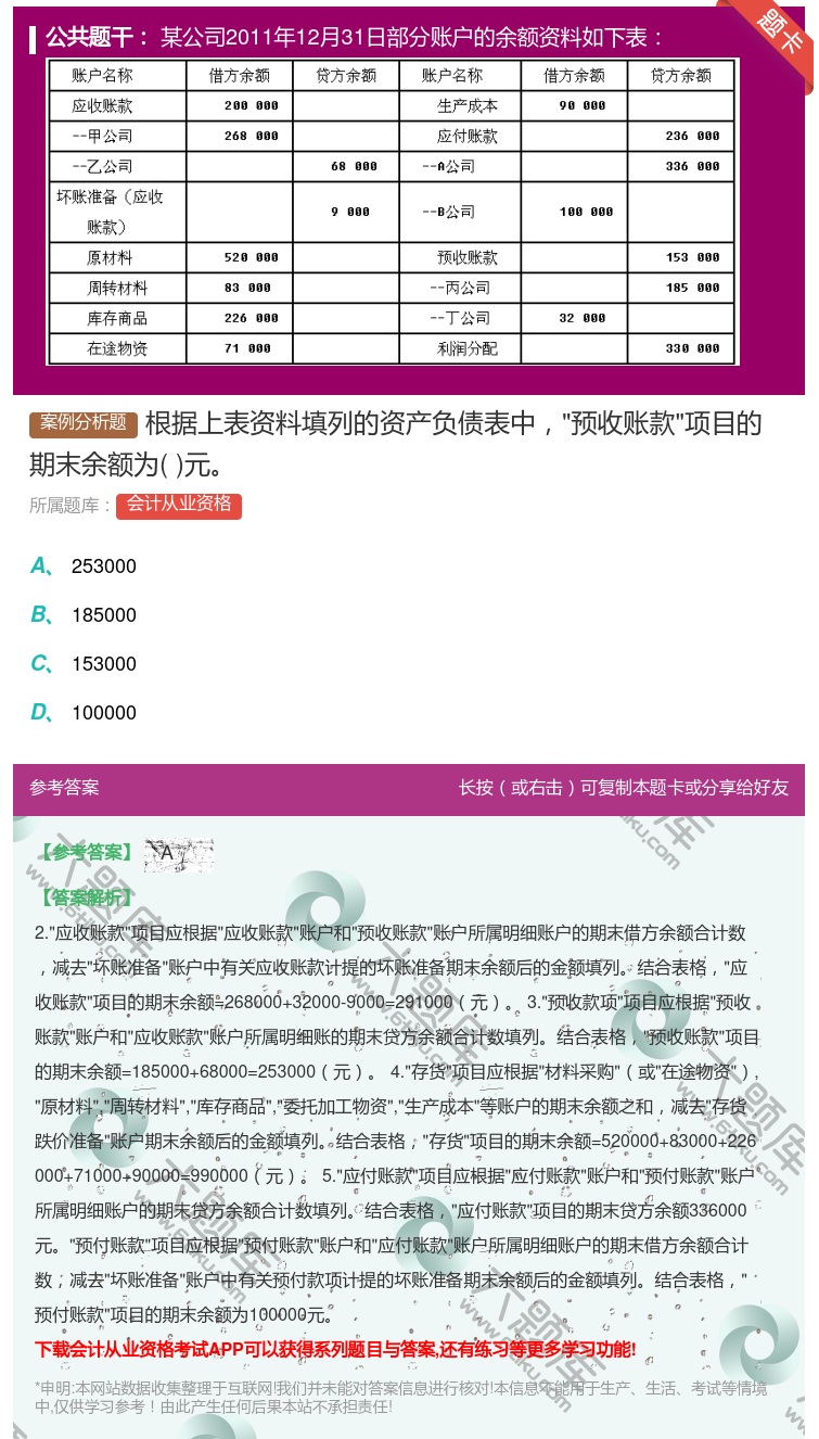 答案:根据上表资料填列的资产负债表中预收账款项目的期末余额为元...