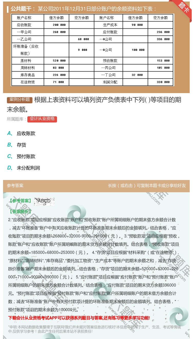 答案:根据上表资料可以填列资产负债表中下列等项目的期末余额...