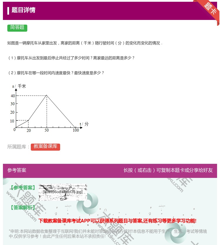 答案:如图是一辆摩托车从家里出发离家的距离千米随行驶时间分的变化而...