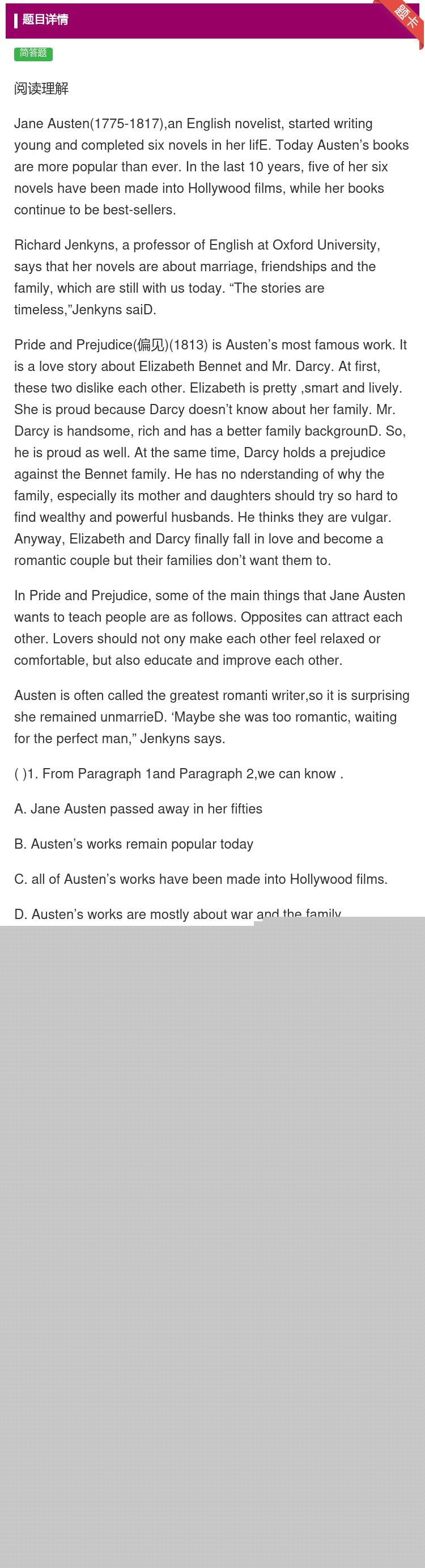 答案:阅读理解JaneAusten1775-1817anEngli...