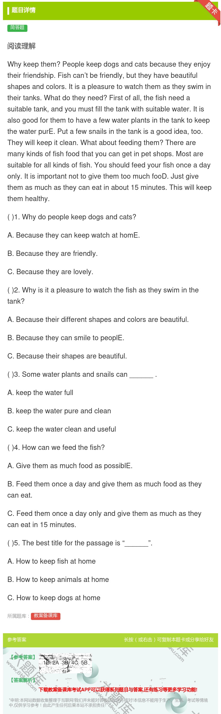 答案:阅读理解Whykeepthem?Peoplekeepdogs...