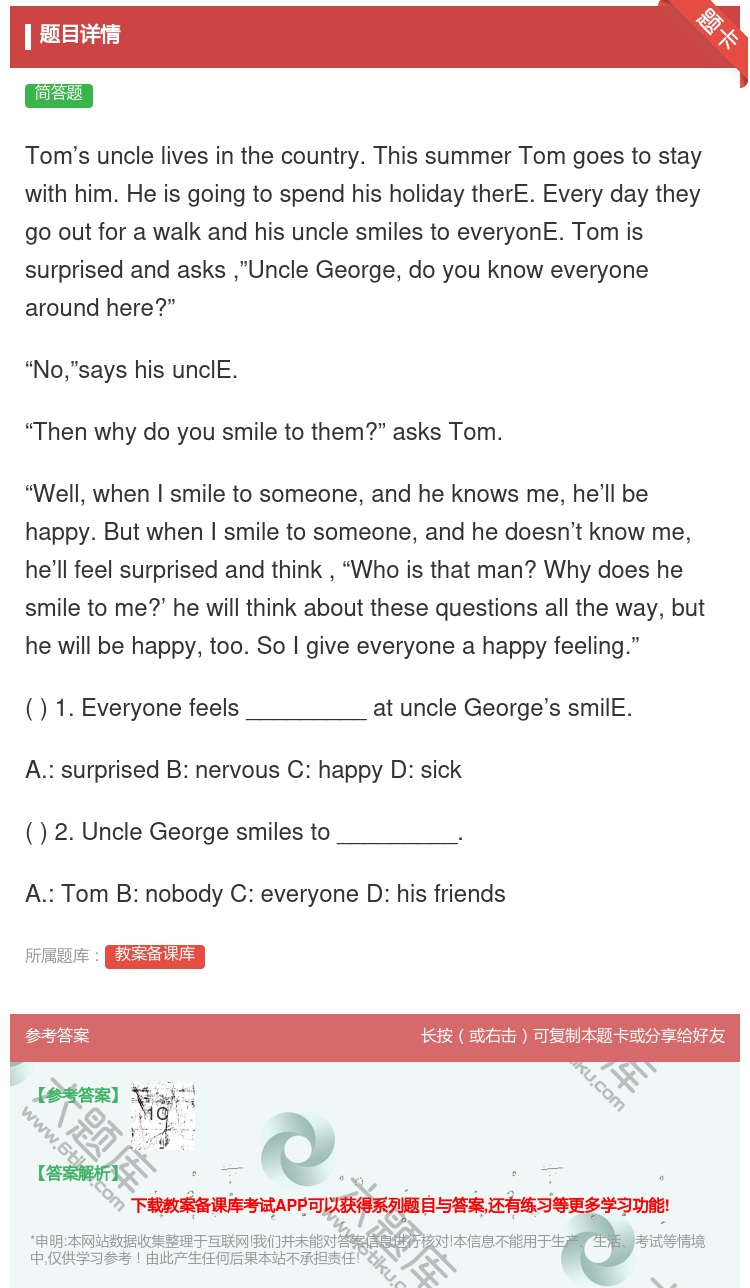 答案:Tom’sunclelivesinthecountry.Th...