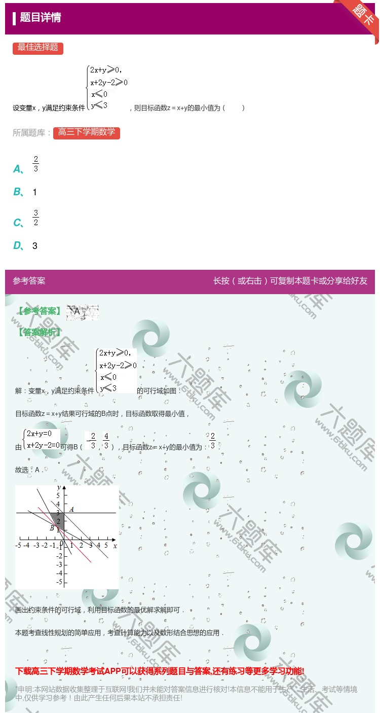 答案:
设变量xy满足约束条件则目标函数z＝x+y的最小值为
...