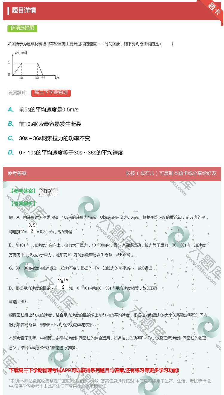 答案:
如图所示为建筑材料被吊车竖直向上提升过程的速度﹣﹣时间图象...