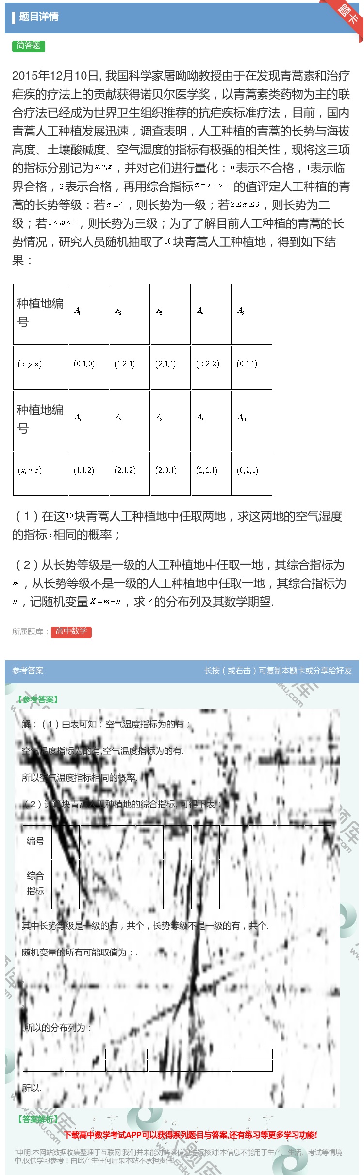答案:2015年12月10日我国科学家屠呦呦教授由于在发现青蒿素和...