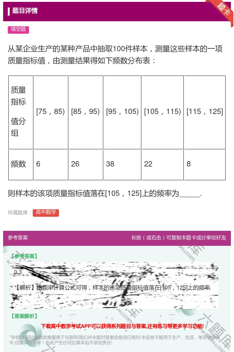 答案:从某企业生产的某种产品中抽取100件样本测量这些样本的一项质...