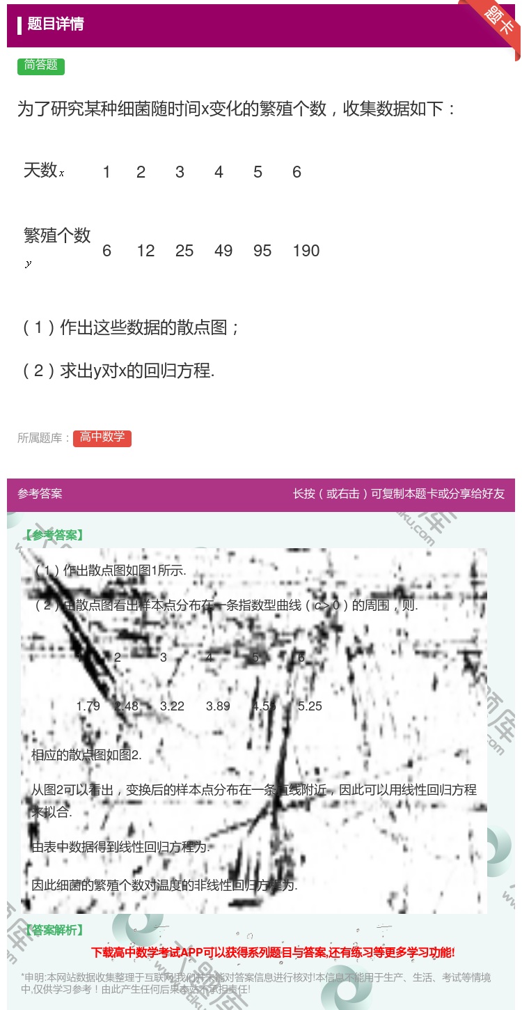 答案:为了研究某种细菌随时间x变化的繁殖个数收集数据如下天数123...
