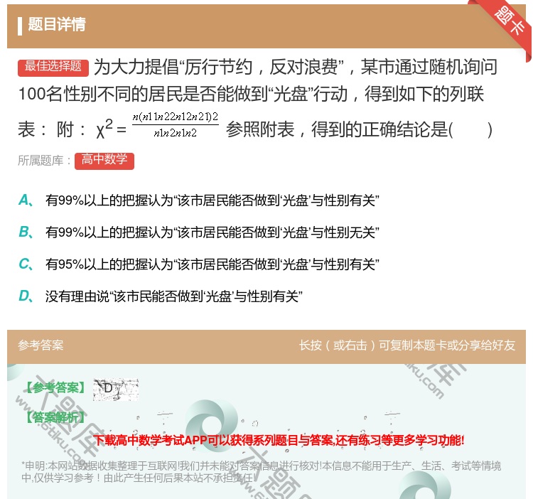 答案:为大力提倡厉行节约反对浪费某市通过随机询问100名性别不同的...