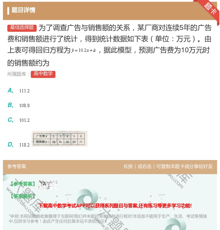 答案:为了调查广告与销售额的关系某厂商对连续5年的广告费和销售额进...