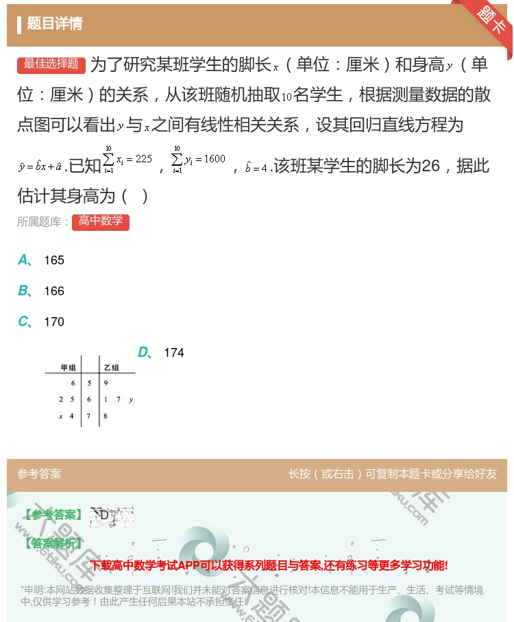 答案:为了研究某班学生的脚长单位厘米和身高单位厘米的关系从该班随机...