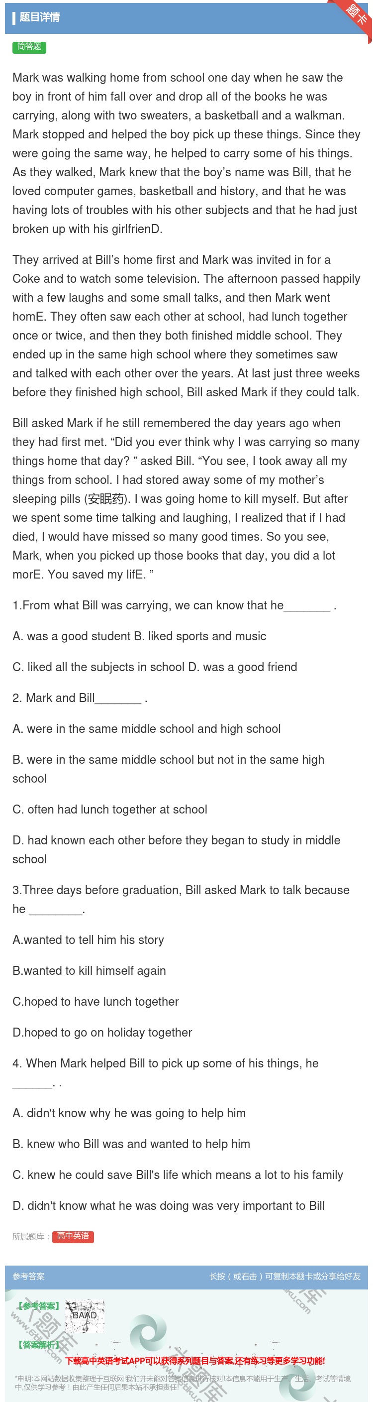 答案:Markwaswalkinghomefromschoolon...