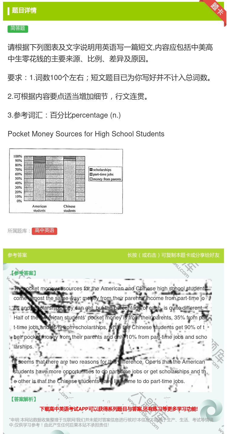 答案:请根据下列图表及文字说明用英语写一篇短文内容应包括中美高中生...