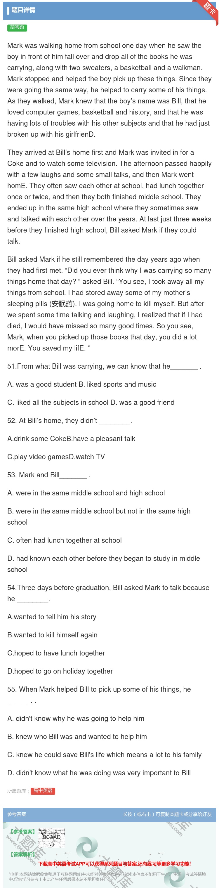 答案:Markwaswalkinghomefromschoolon...