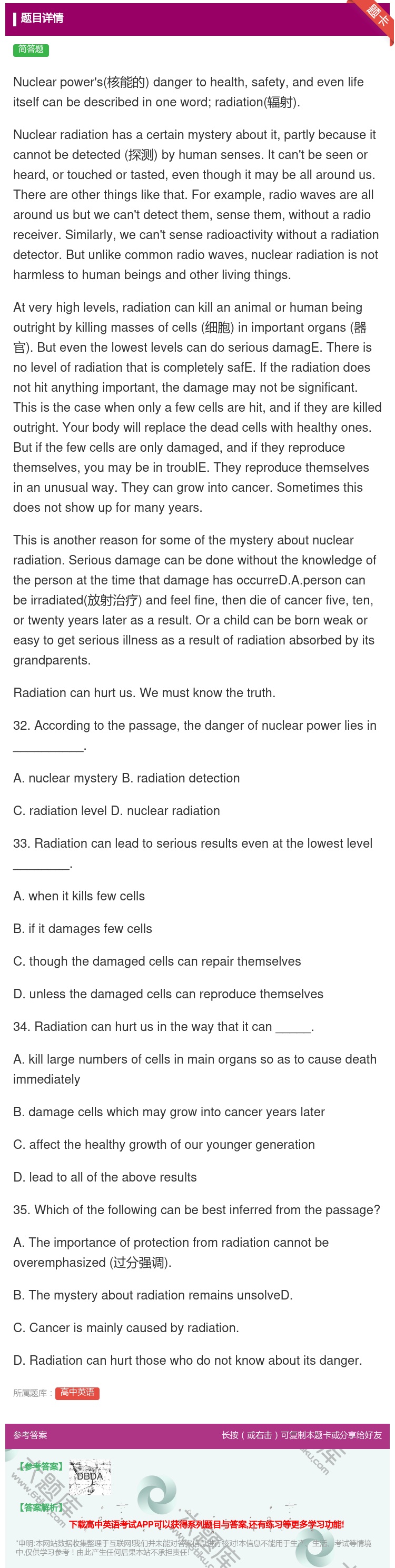 答案:Nuclearpower's核能的dangertohealt...
