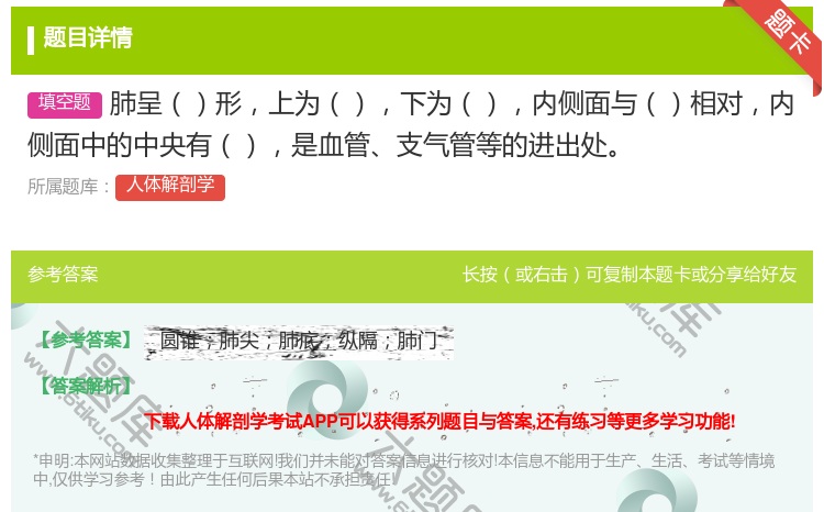 答案:肺呈形上为下为内侧面与相对内侧面中的中央有是血管支气管等的进...