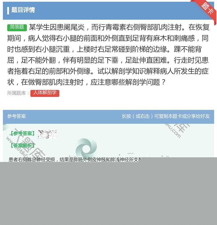 答案:某学生因患阑尾炎而行青霉素右侧臀部肌肉注射在恢复期间病人觉得...