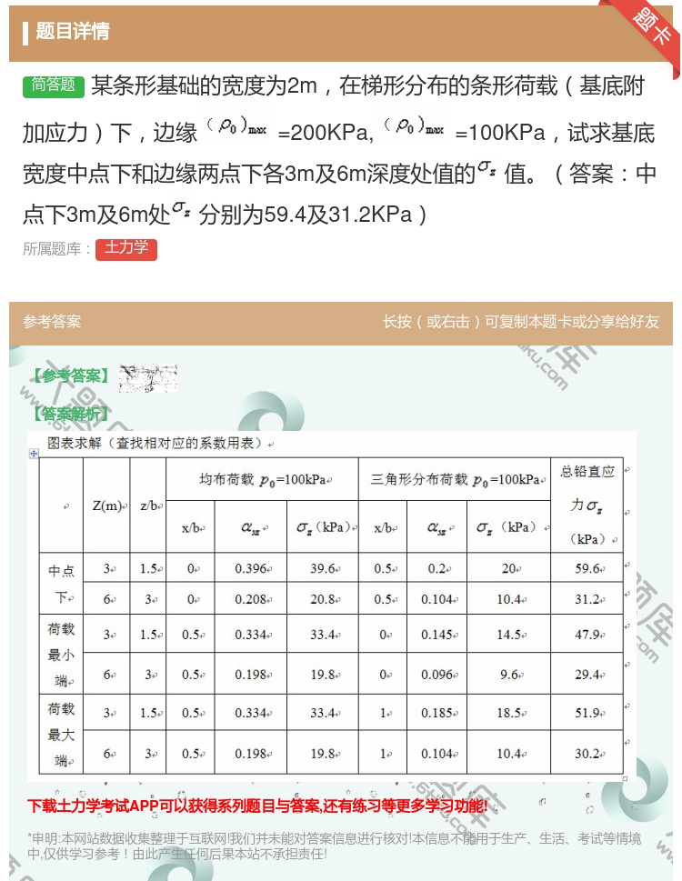 答案:某条形基础的宽度为2m在梯形分布的条形荷载基底附加应力下边缘...