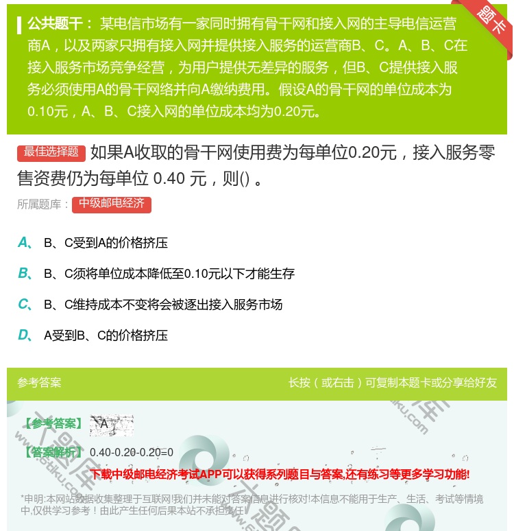 答案:如果A收取的骨干网使用费为每单位0.20元接入服务零售资费仍...